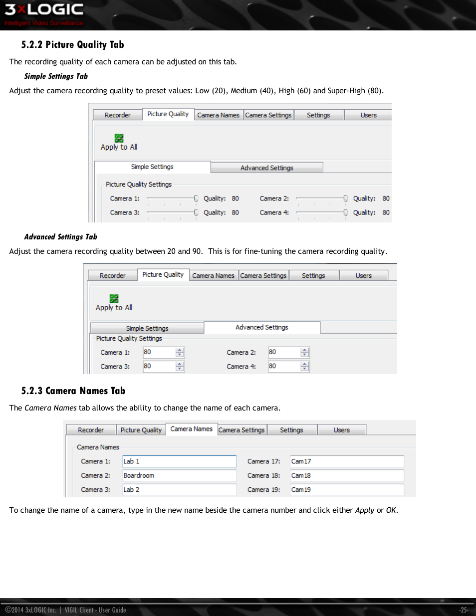 2 picture quality tab, Simple settings tab, Advanced settings tab | 3 camera names tab | 3xLOGIC VIGIL Client User Manual | Page 31 / 116