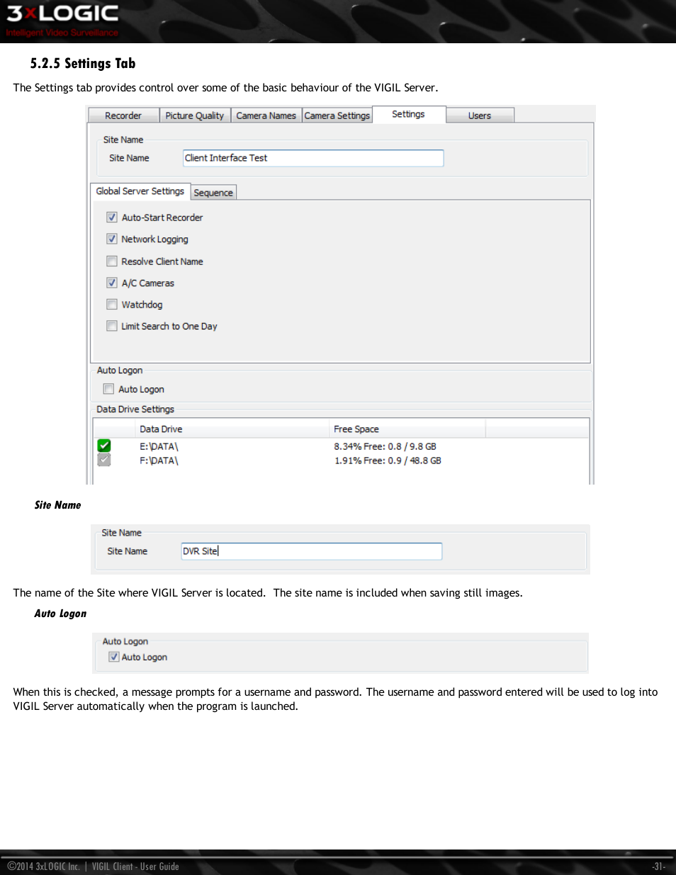 5 settings tab, Site name, Auto logon | 3xLOGIC VIGIL Client User Manual | Page 37 / 116