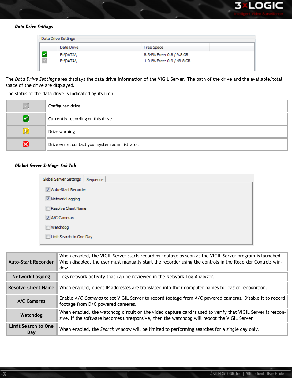 Data drive settings, Global server settings sub tab | 3xLOGIC VIGIL Client User Manual | Page 38 / 116