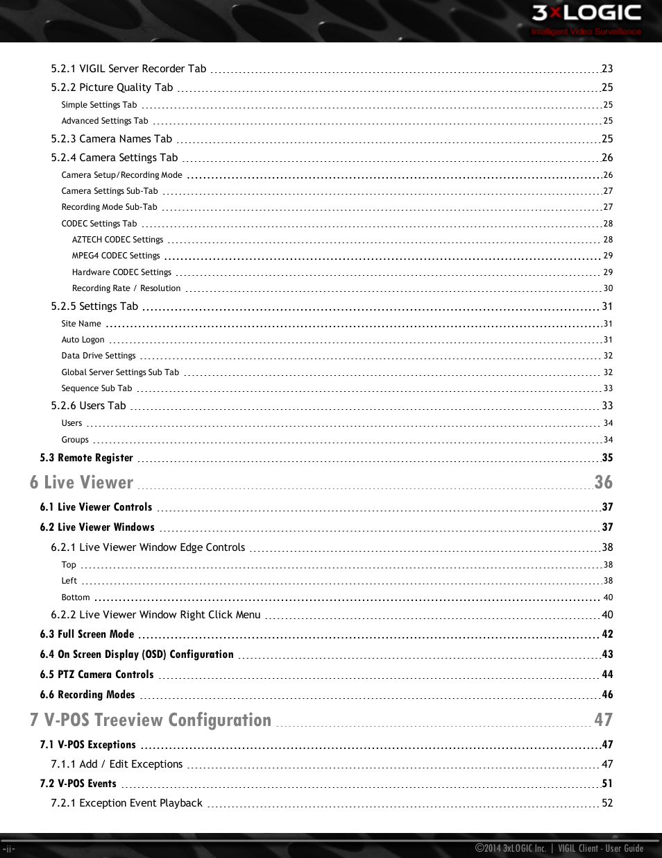 6 live viewer 36, 7 v-pos treeview configuration 47 | 3xLOGIC VIGIL Client User Manual | Page 4 / 116