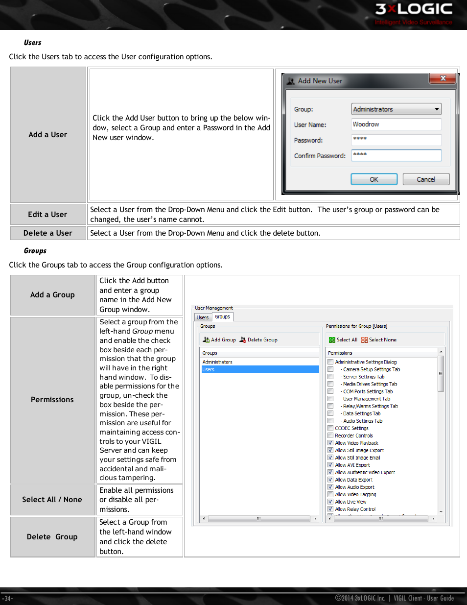 Users, Groups | 3xLOGIC VIGIL Client User Manual | Page 40 / 116