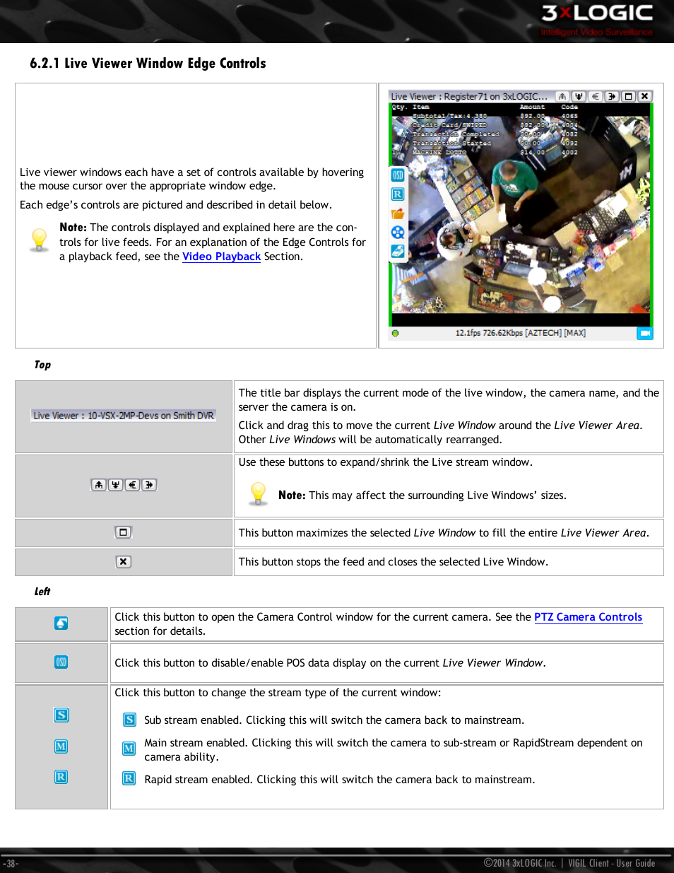 1 live viewer window edge controls, Left | 3xLOGIC VIGIL Client User Manual | Page 44 / 116