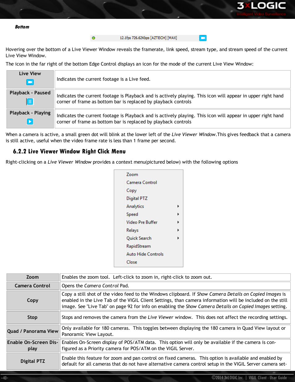 Bottom, 2 live viewer window right click menu | 3xLOGIC VIGIL Client User Manual | Page 46 / 116