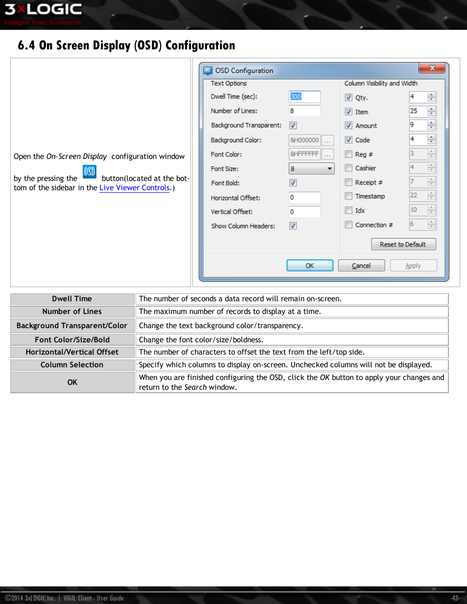 4 on screen display (osd) configuration | 3xLOGIC VIGIL Client User Manual | Page 49 / 116