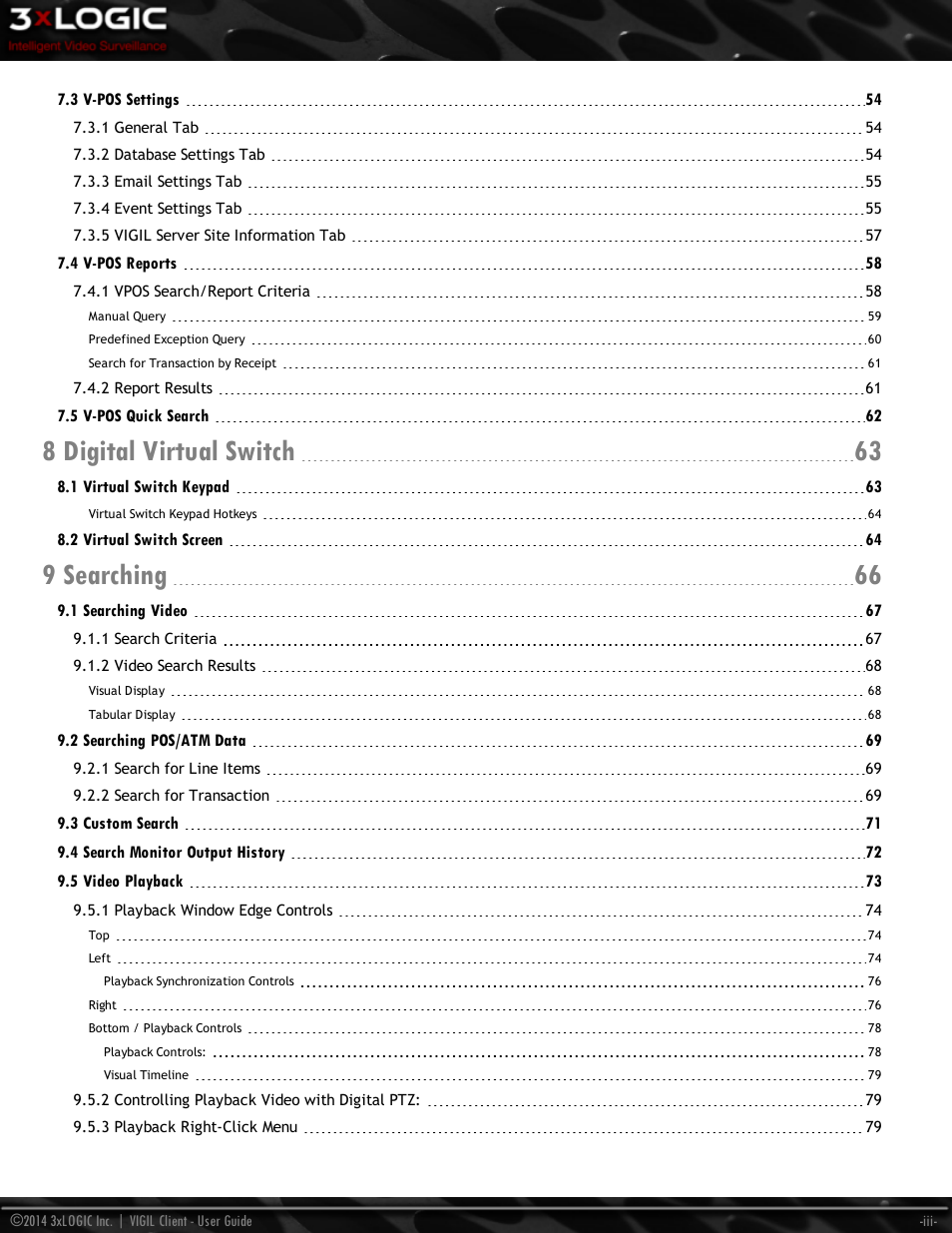 8 digital virtual switch 63, 9 searching 66 | 3xLOGIC VIGIL Client User Manual | Page 5 / 116