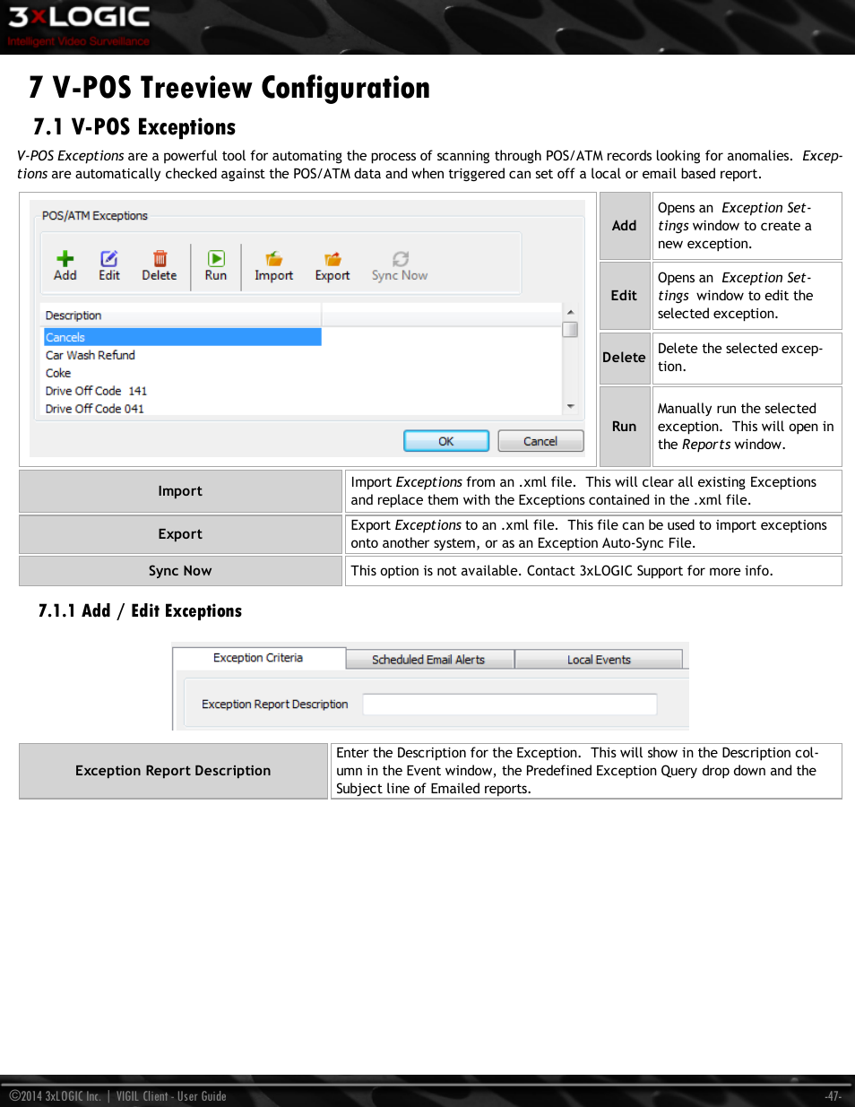 7 v-pos treeview configuration, 1 v-pos exceptions, 1 add / edit exceptions | 3xLOGIC VIGIL Client User Manual | Page 53 / 116