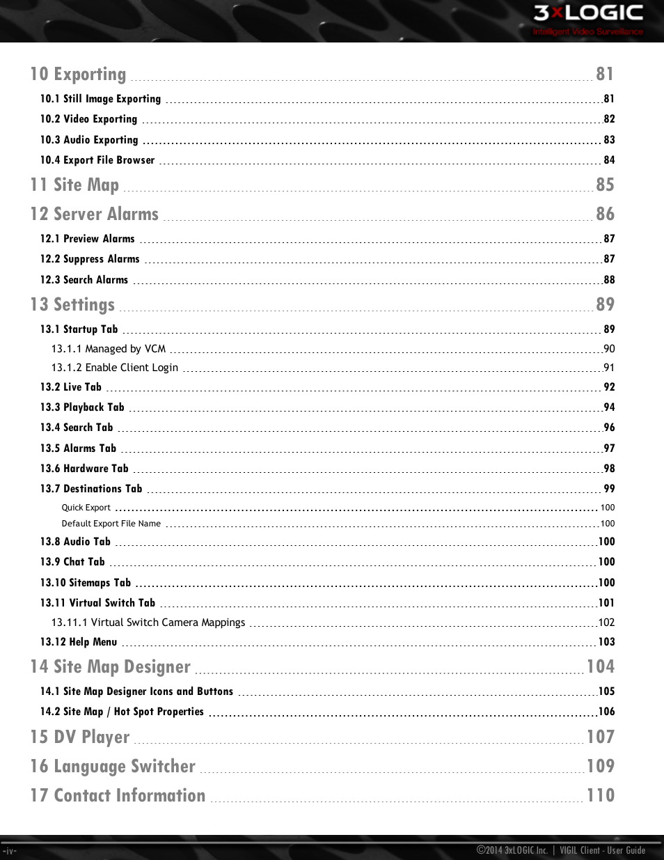 10 exporting 81, 13 settings 89 | 3xLOGIC VIGIL Client User Manual | Page 6 / 116