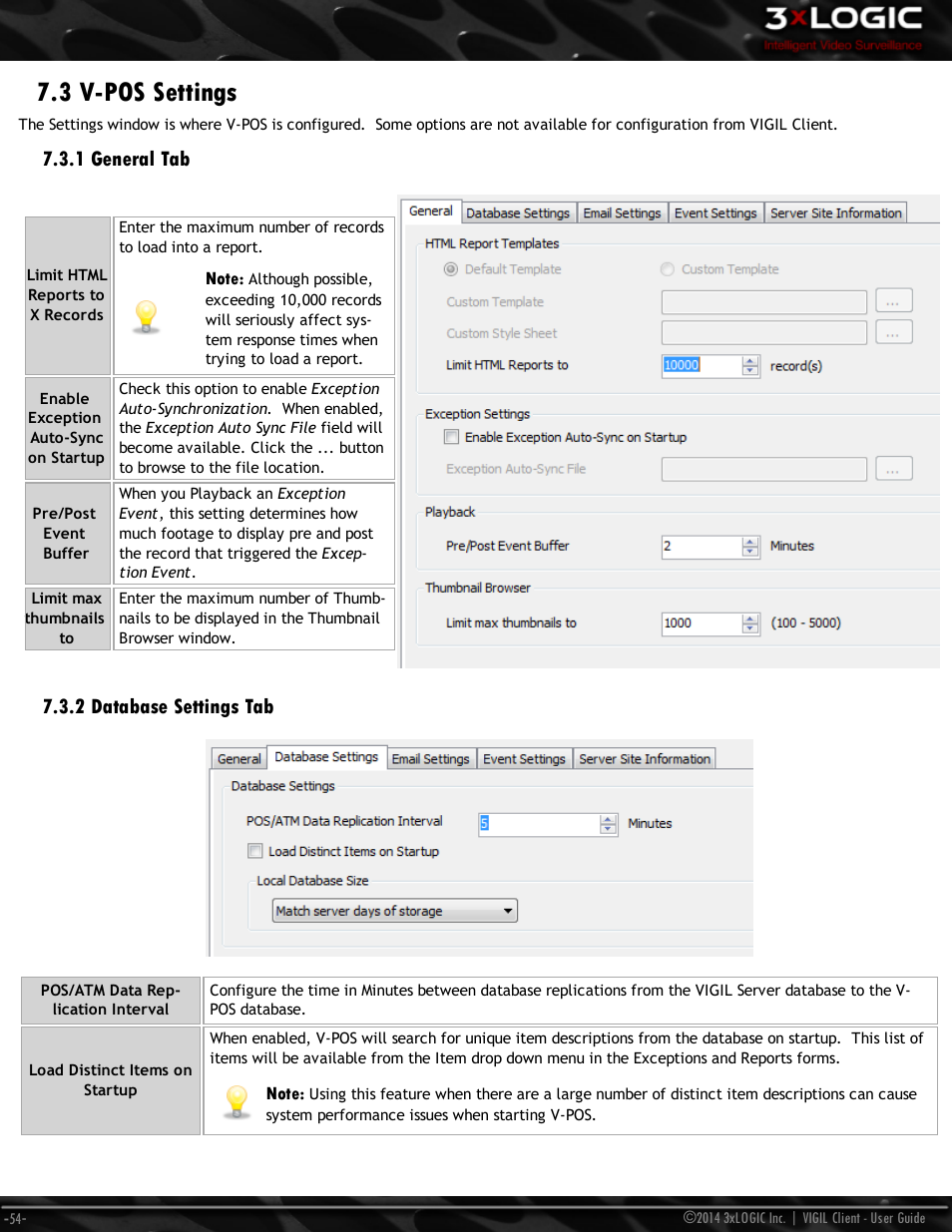 3 v-pos settings, 1 general tab, 2 database settings tab | 3xLOGIC VIGIL Client User Manual | Page 60 / 116