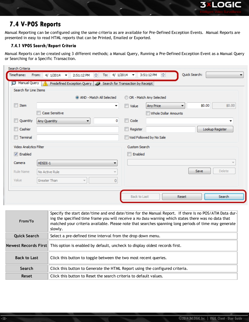 4 v-pos reports, 1 vpos search/report criteria | 3xLOGIC VIGIL Client User Manual | Page 64 / 116
