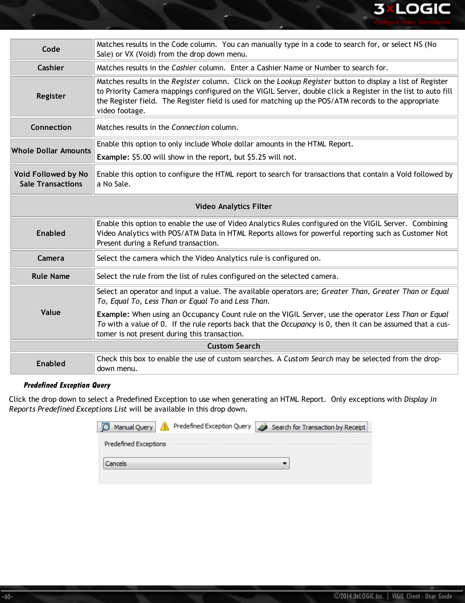 Predefined exception query | 3xLOGIC VIGIL Client User Manual | Page 66 / 116