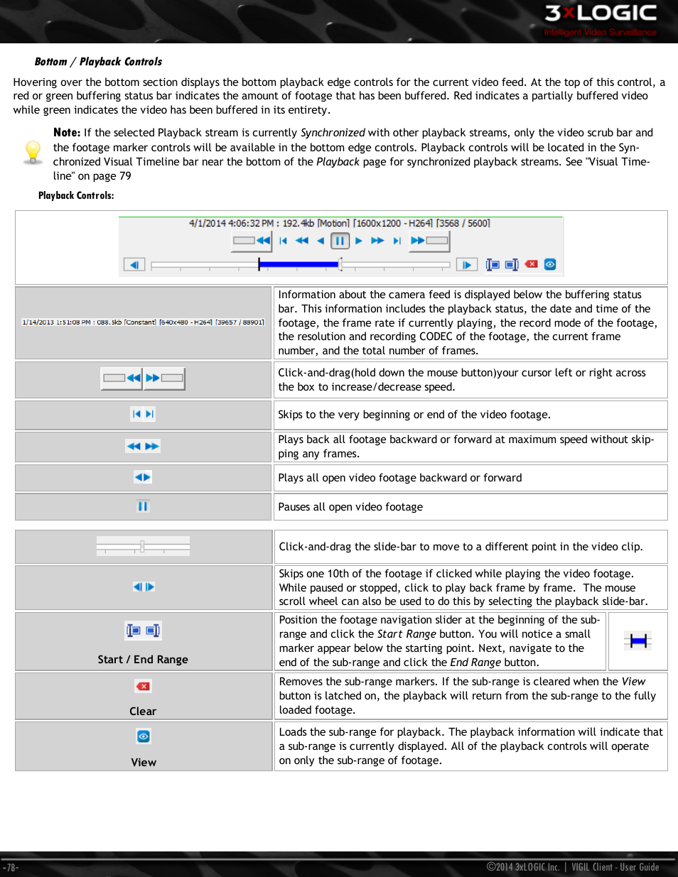Bottom / playback controls, Playback controls, Bottom | 3xLOGIC VIGIL Client User Manual | Page 84 / 116