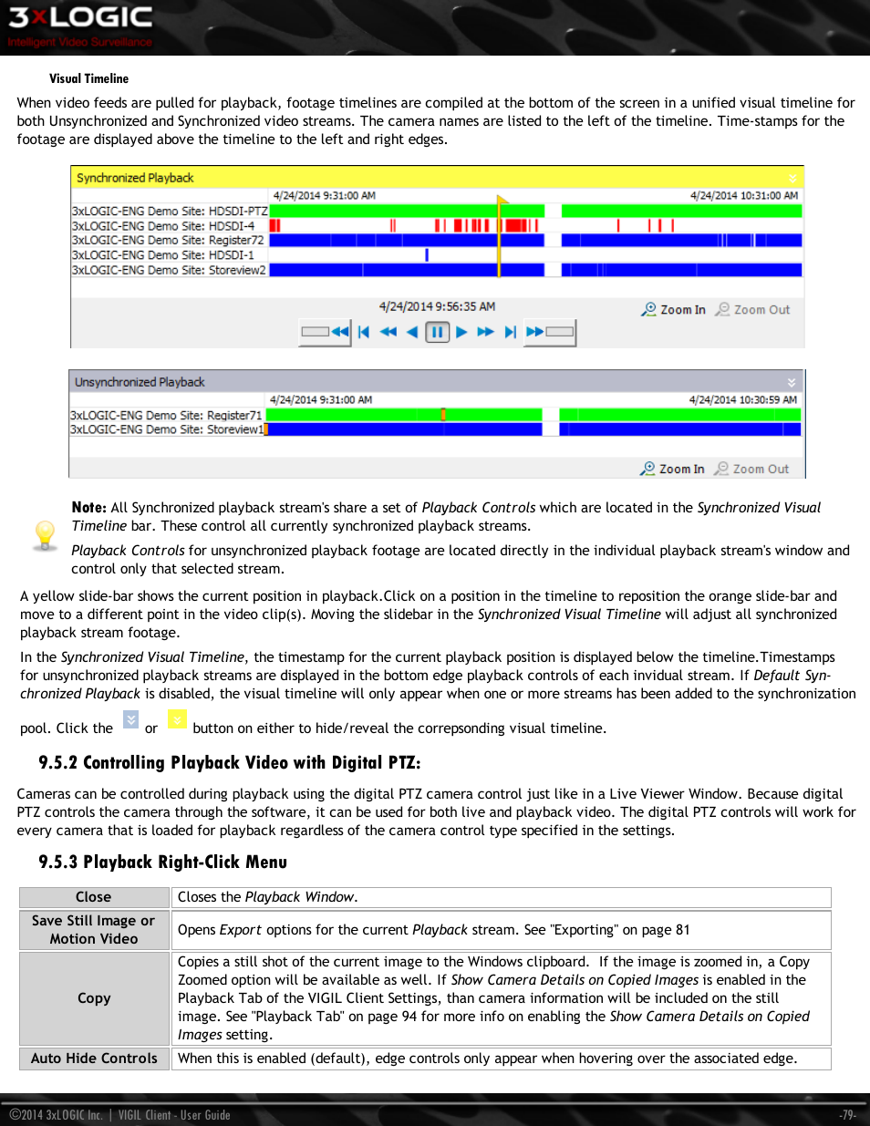 Visual timeline, 2 controlling playback video with digital ptz, 3 playback right-click menu | 3xLOGIC VIGIL Client User Manual | Page 85 / 116