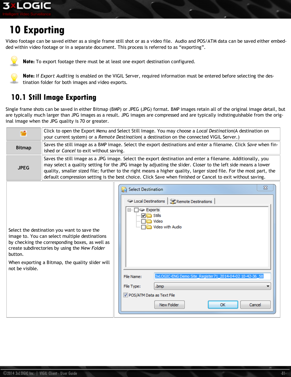 10 exporting, 1 still image exporting, Exporting | 3xLOGIC VIGIL Client User Manual | Page 87 / 116