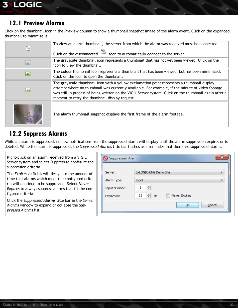 1 preview alarms, 2 suppress alarms | 3xLOGIC VIGIL Client User Manual | Page 93 / 116