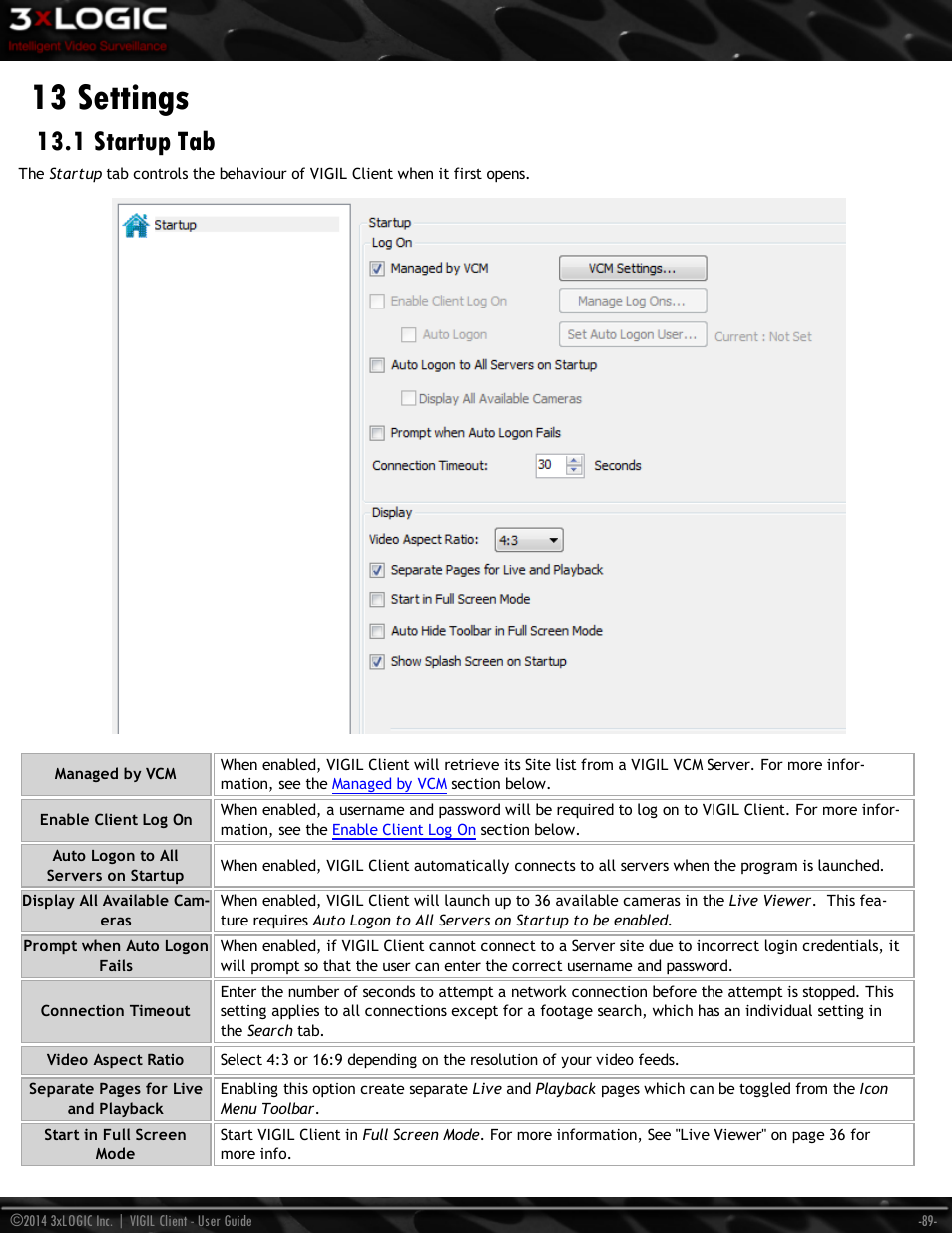 13 settings, 1 startup tab | 3xLOGIC VIGIL Client User Manual | Page 95 / 116