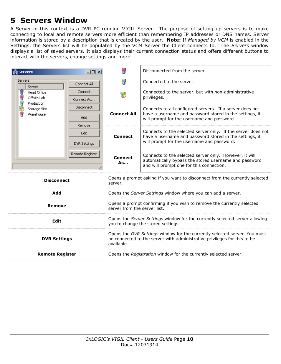 5 servers window | 3xLOGIC VIGIL Client User Manual | Page 10 / 91