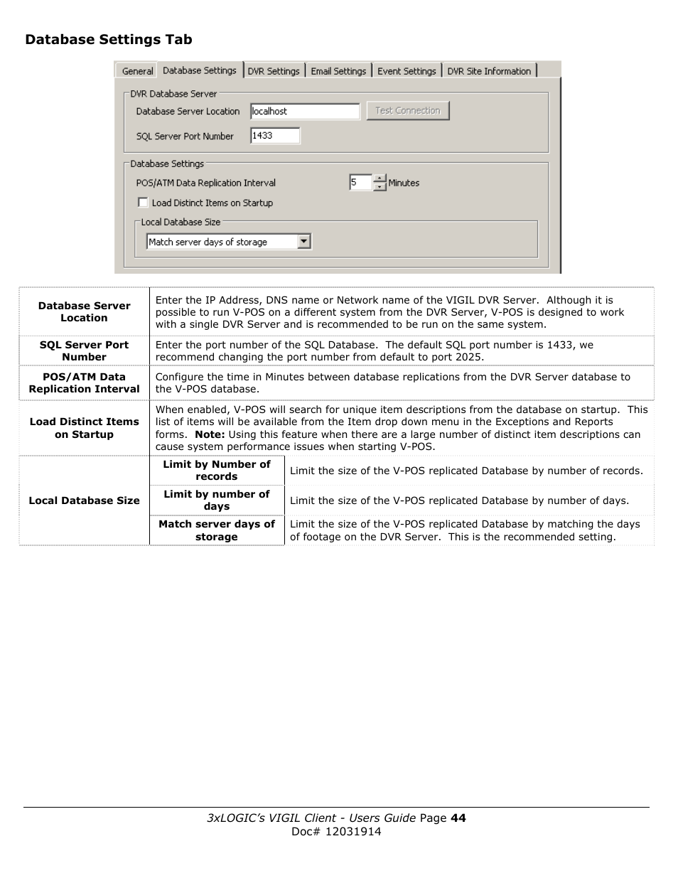 Database settings tab | 3xLOGIC VIGIL Client User Manual | Page 44 / 91