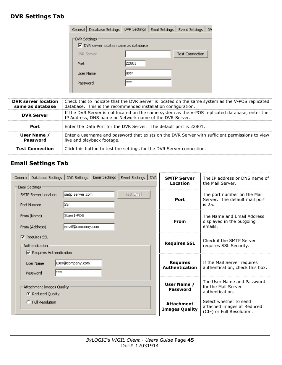 Dvr settings tab, Email settings tab | 3xLOGIC VIGIL Client User Manual | Page 45 / 91