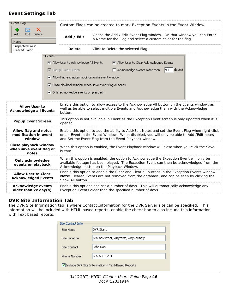 Event settings tab, Dvr site information tab | 3xLOGIC VIGIL Client User Manual | Page 46 / 91