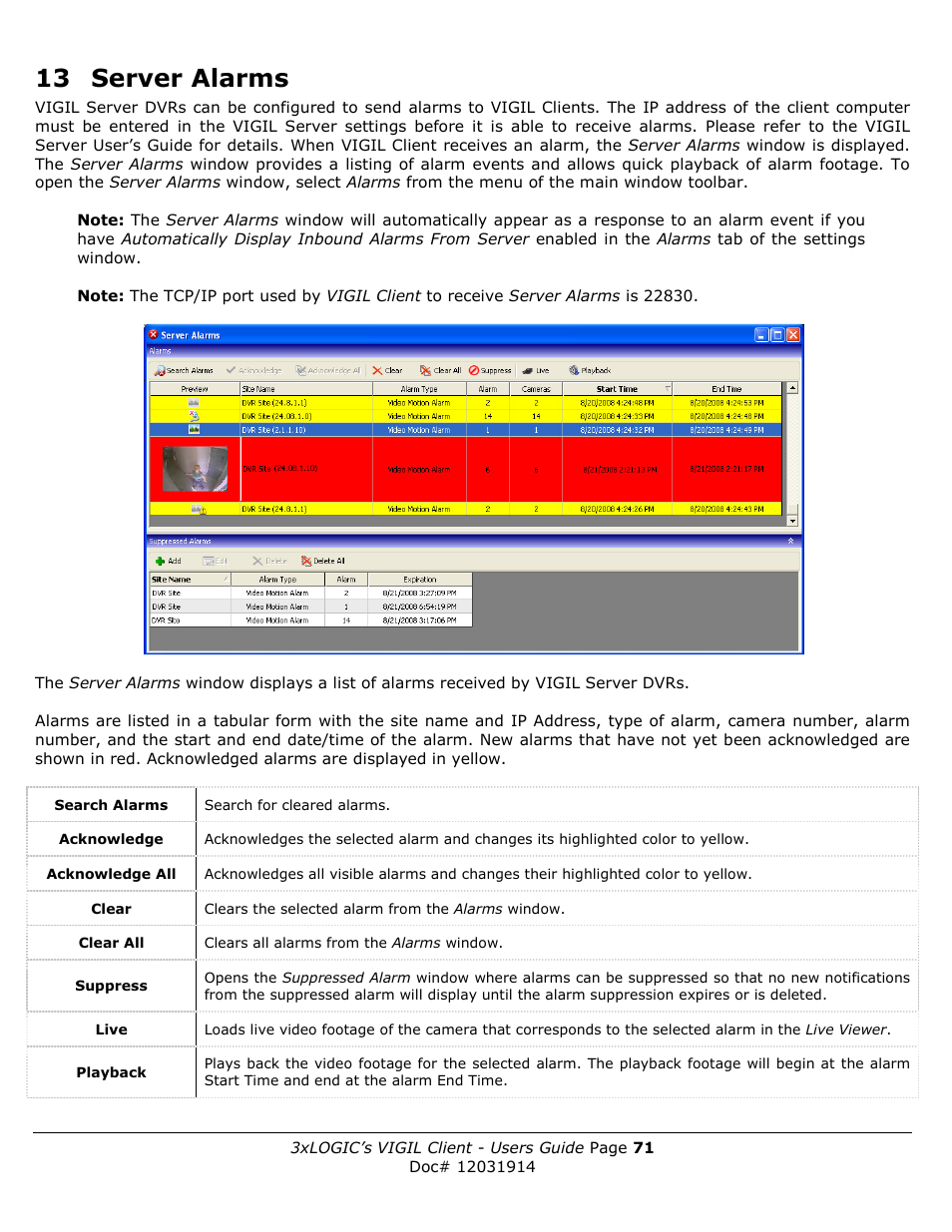 13 server alarms | 3xLOGIC VIGIL Client User Manual | Page 71 / 91
