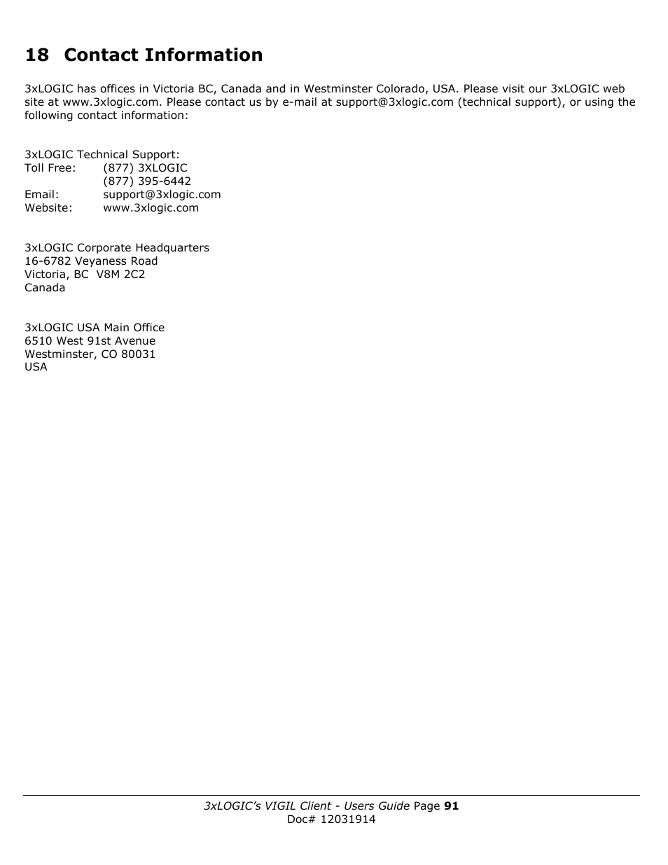 18 contact information | 3xLOGIC VIGIL Client User Manual | Page 91 / 91
