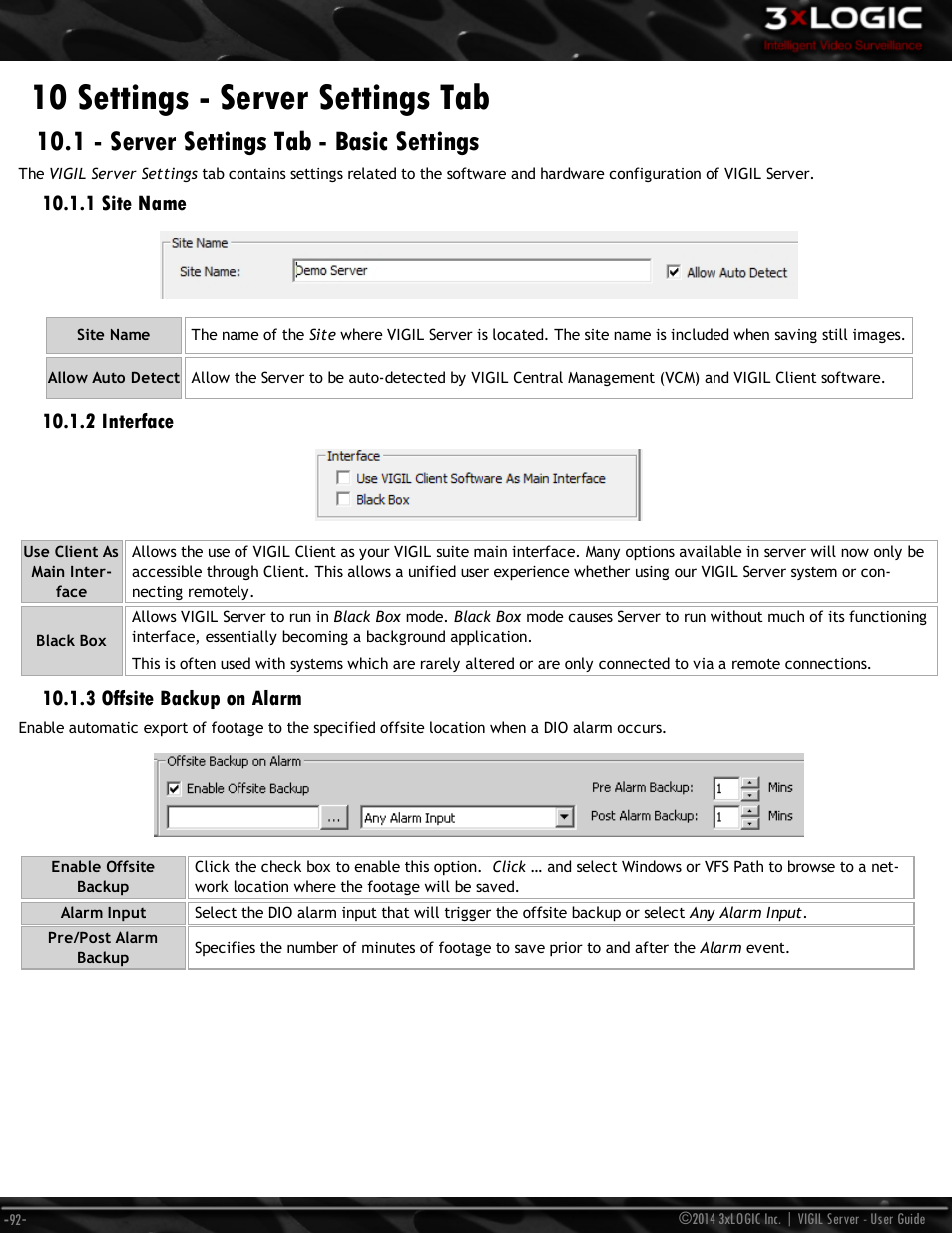 10 settings - server settings tab, 1 - server settings tab - basic settings, 1 site name | 2 interface, 3 offsite backup on alarm | 3xLOGIC VIGIL Server User Manual | Page 101 / 148