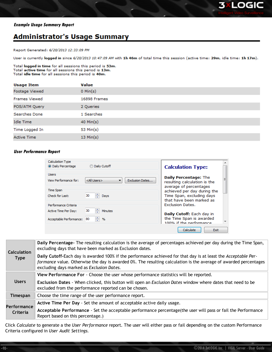 Example usage summary report, User performance report | 3xLOGIC VIGIL Server User Manual | Page 107 / 148