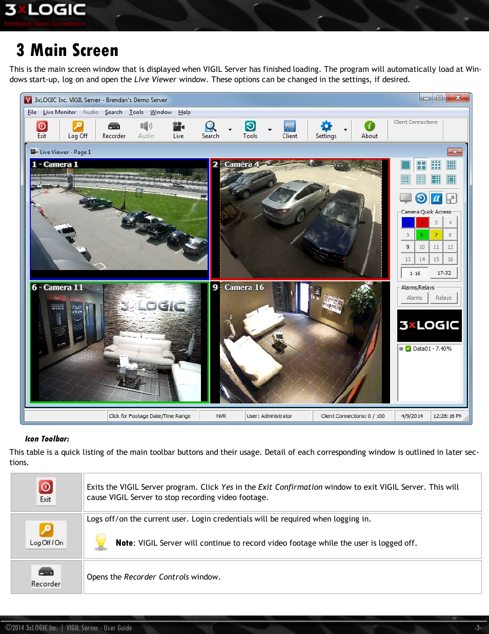 3 main screen, Icon toolbar | 3xLOGIC VIGIL Server User Manual | Page 12 / 148