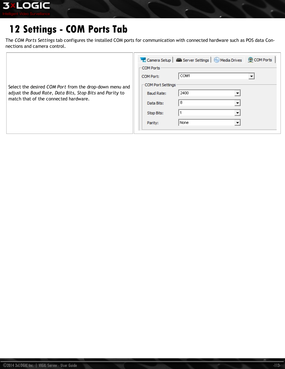 12 settings - com ports tab | 3xLOGIC VIGIL Server User Manual | Page 122 / 148