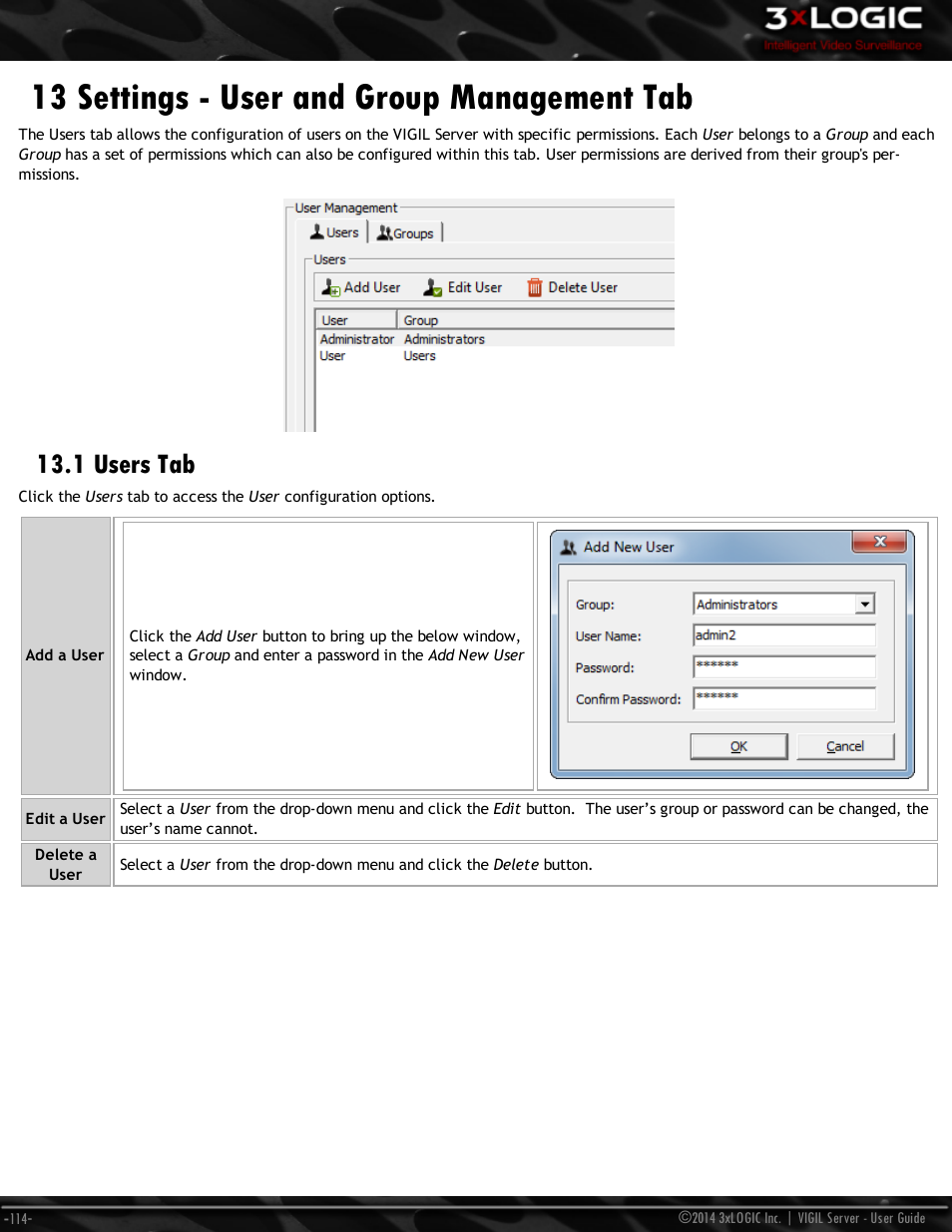 13 settings - user and group management tab, 1 users tab | 3xLOGIC VIGIL Server User Manual | Page 123 / 148