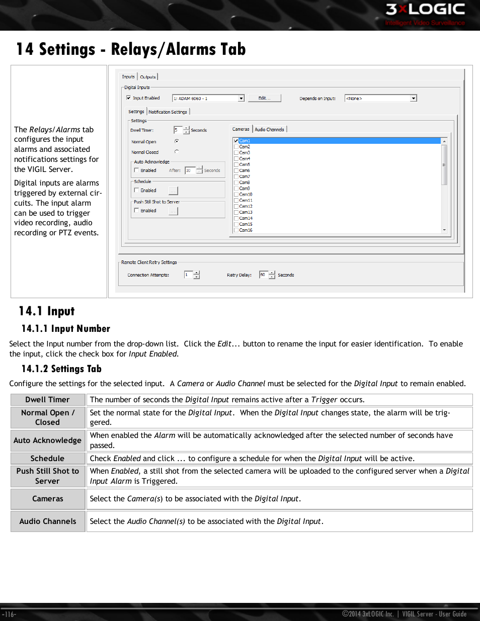 14 settings - relays/alarms tab, 1 input, 1 input number | 2 settings tab | 3xLOGIC VIGIL Server User Manual | Page 125 / 148
