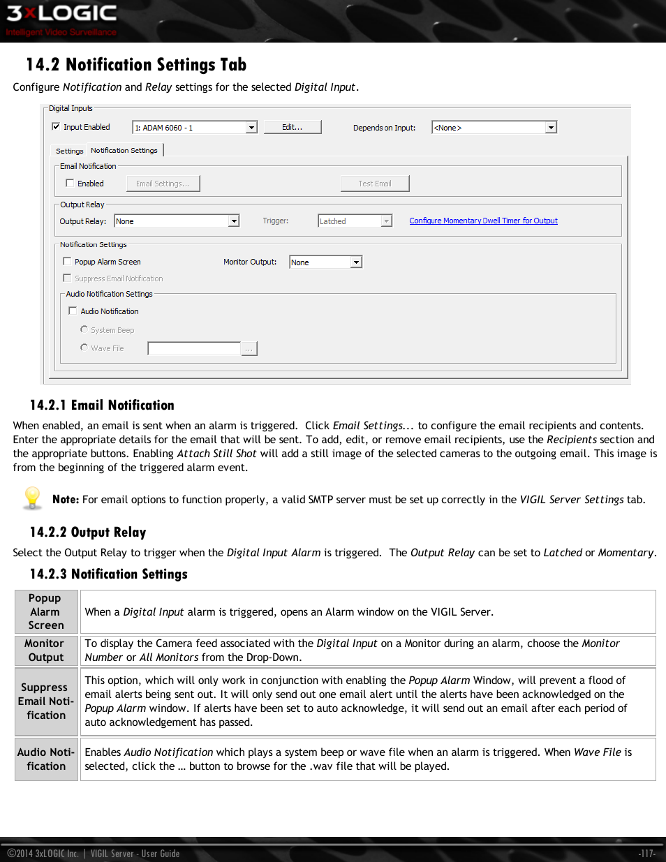 2 notification settings tab, 1 email notification, 2 output relay | 3 notification settings | 3xLOGIC VIGIL Server User Manual | Page 126 / 148