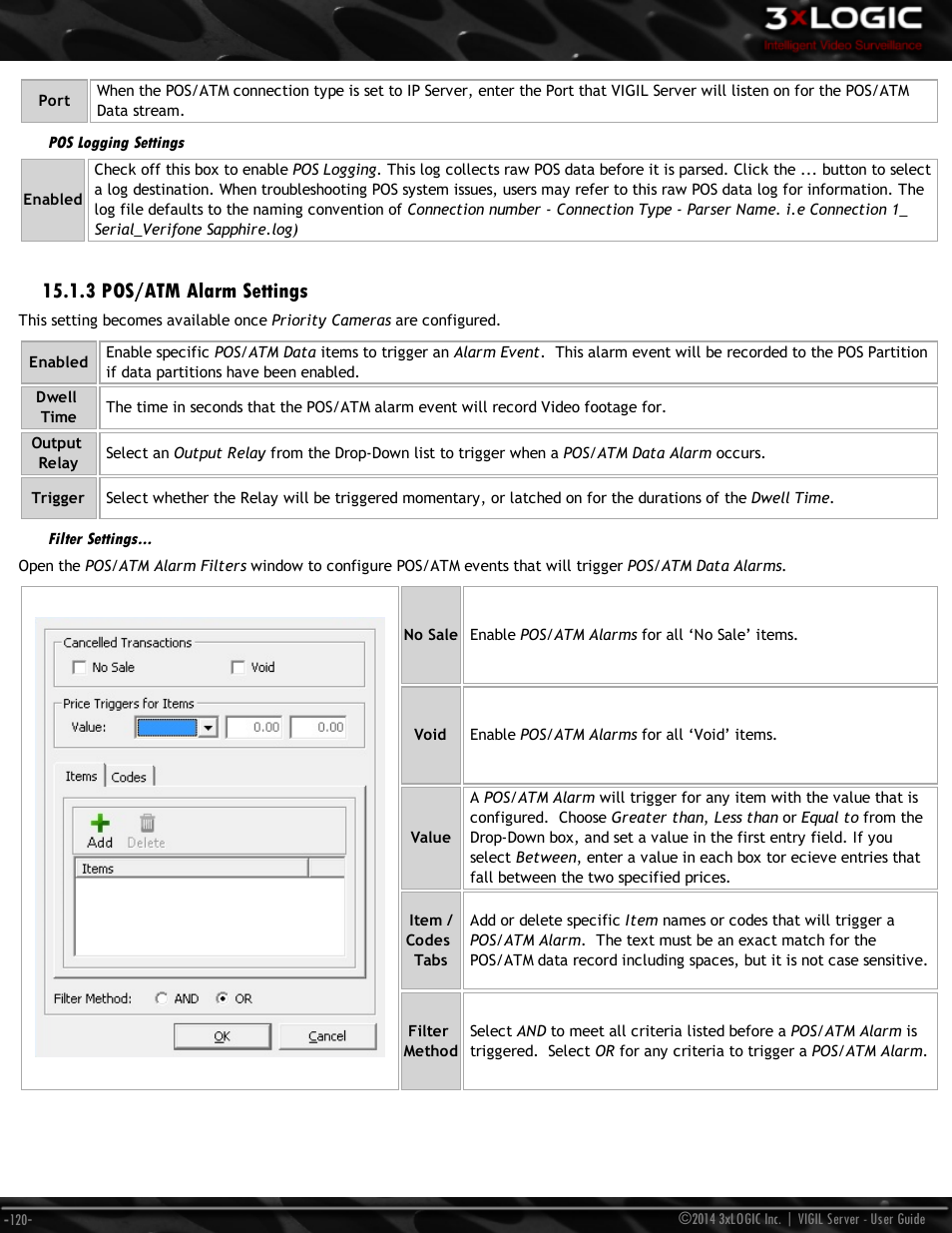 Pos logging settings, 3 pos/atm alarm settings, Filter settings | 3xLOGIC VIGIL Server User Manual | Page 129 / 148