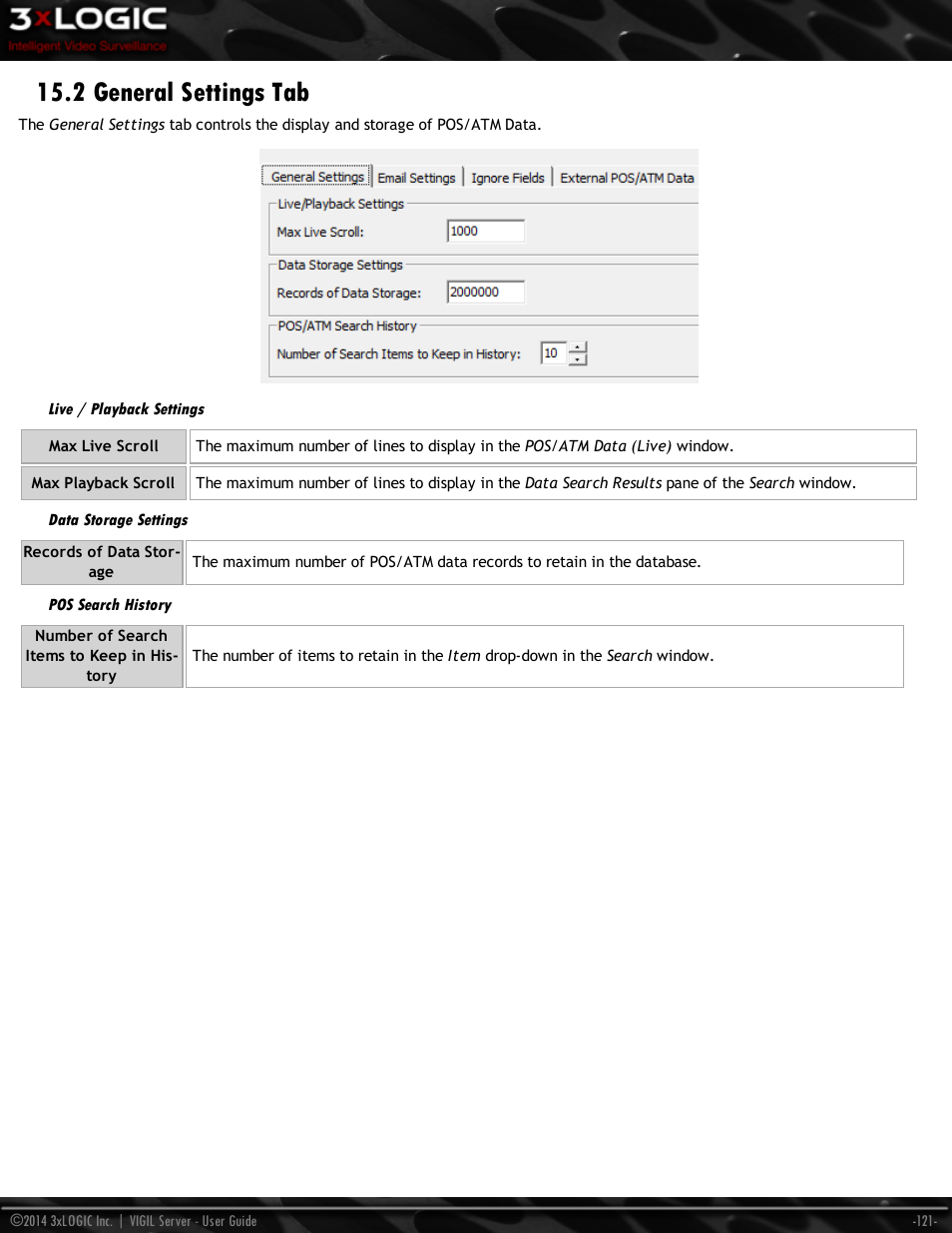 2 general settings tab, Live / playback settings, Data storage settings | Pos search history | 3xLOGIC VIGIL Server User Manual | Page 130 / 148