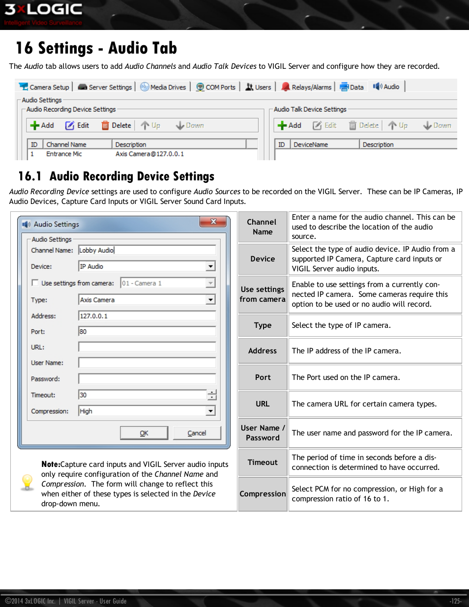 16 settings - audio tab, 1 audio recording device settings | 3xLOGIC VIGIL Server User Manual | Page 134 / 148