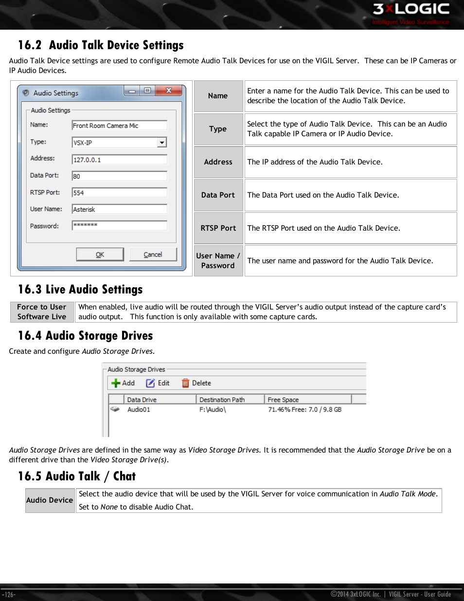 2 audio talk device settings, 3 live audio settings, 4 audio storage drives | 5 audio talk / chat | 3xLOGIC VIGIL Server User Manual | Page 135 / 148