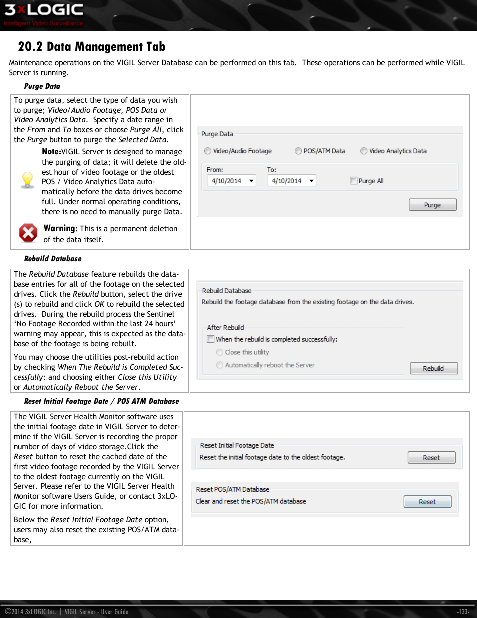 2 data management tab, Purge data, Rebuild database | Reset initial footage date / pos atm database, Warning | 3xLOGIC VIGIL Server User Manual | Page 142 / 148