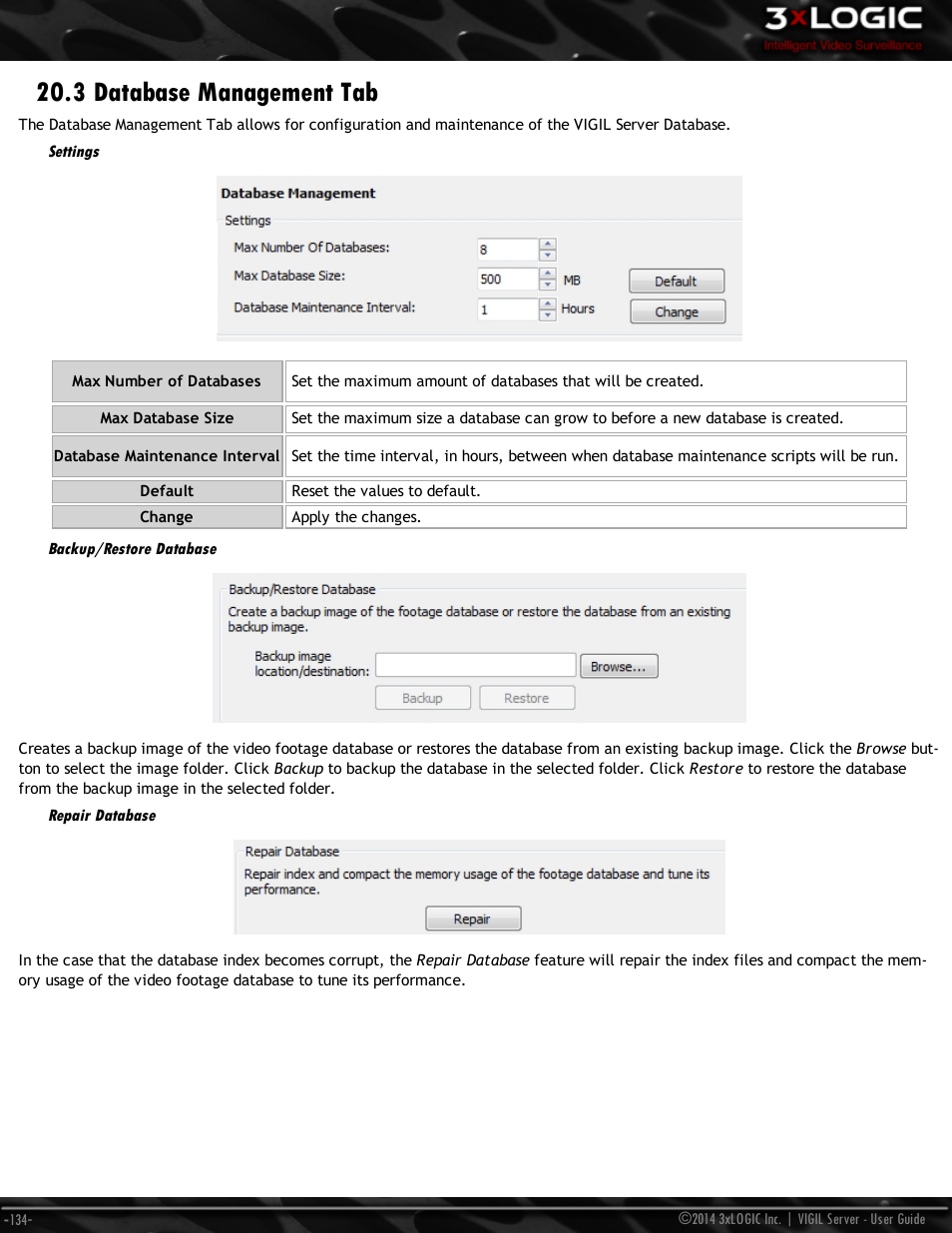 3 database management tab, Settings, Backup/restore database | Repair database | 3xLOGIC VIGIL Server User Manual | Page 143 / 148
