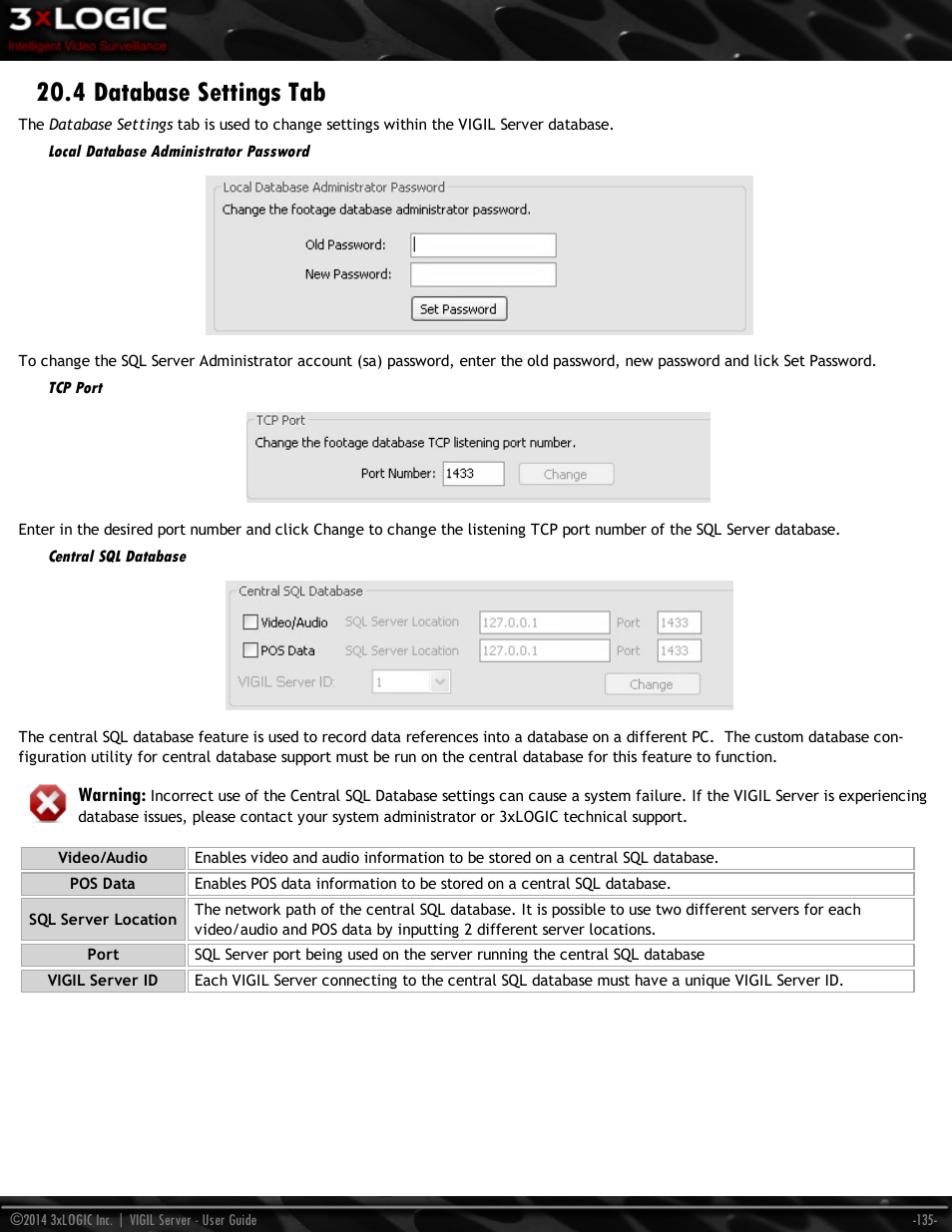 4 database settings tab, Local database administrator password, Tcp port | Central sql database, Warning | 3xLOGIC VIGIL Server User Manual | Page 144 / 148