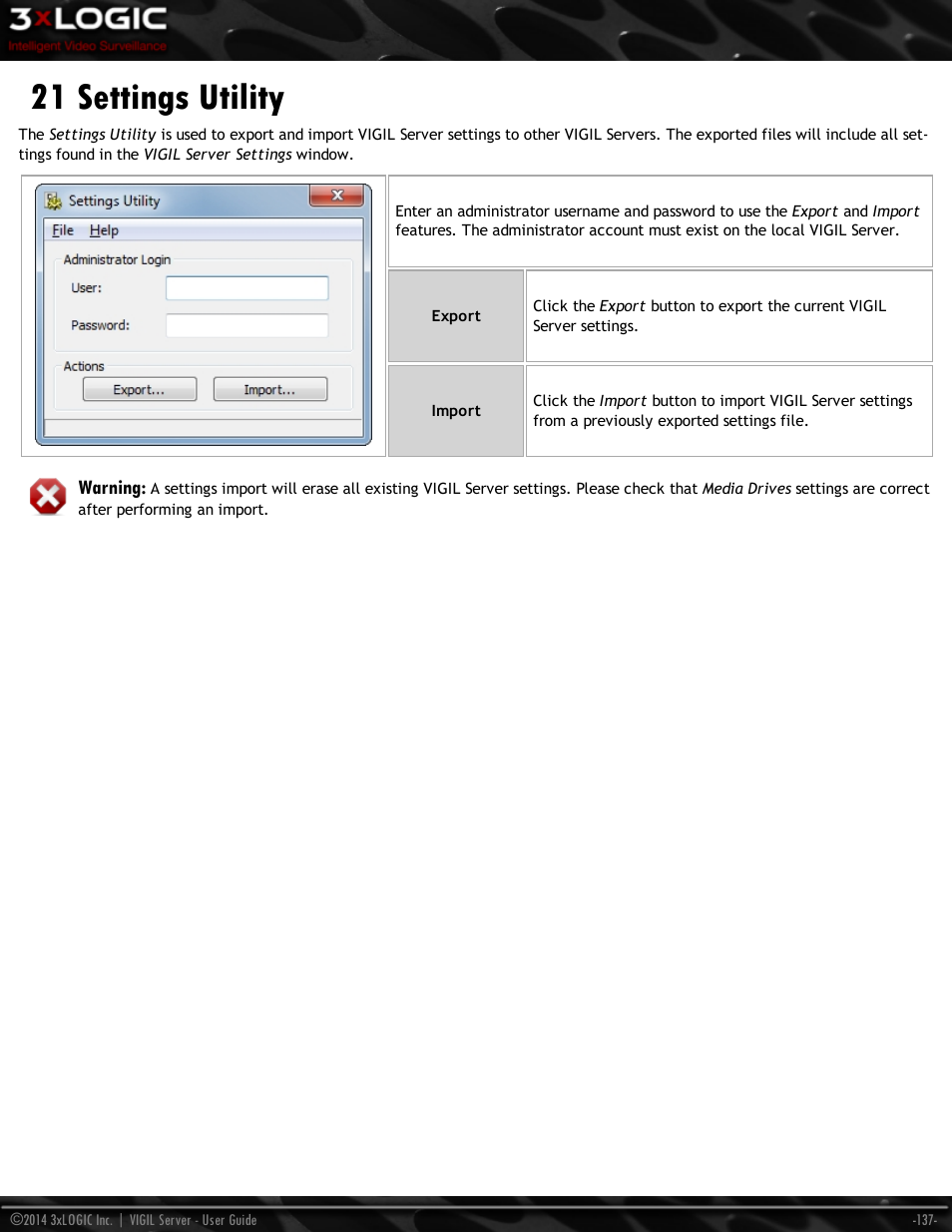 21 settings utility | 3xLOGIC VIGIL Server User Manual | Page 146 / 148