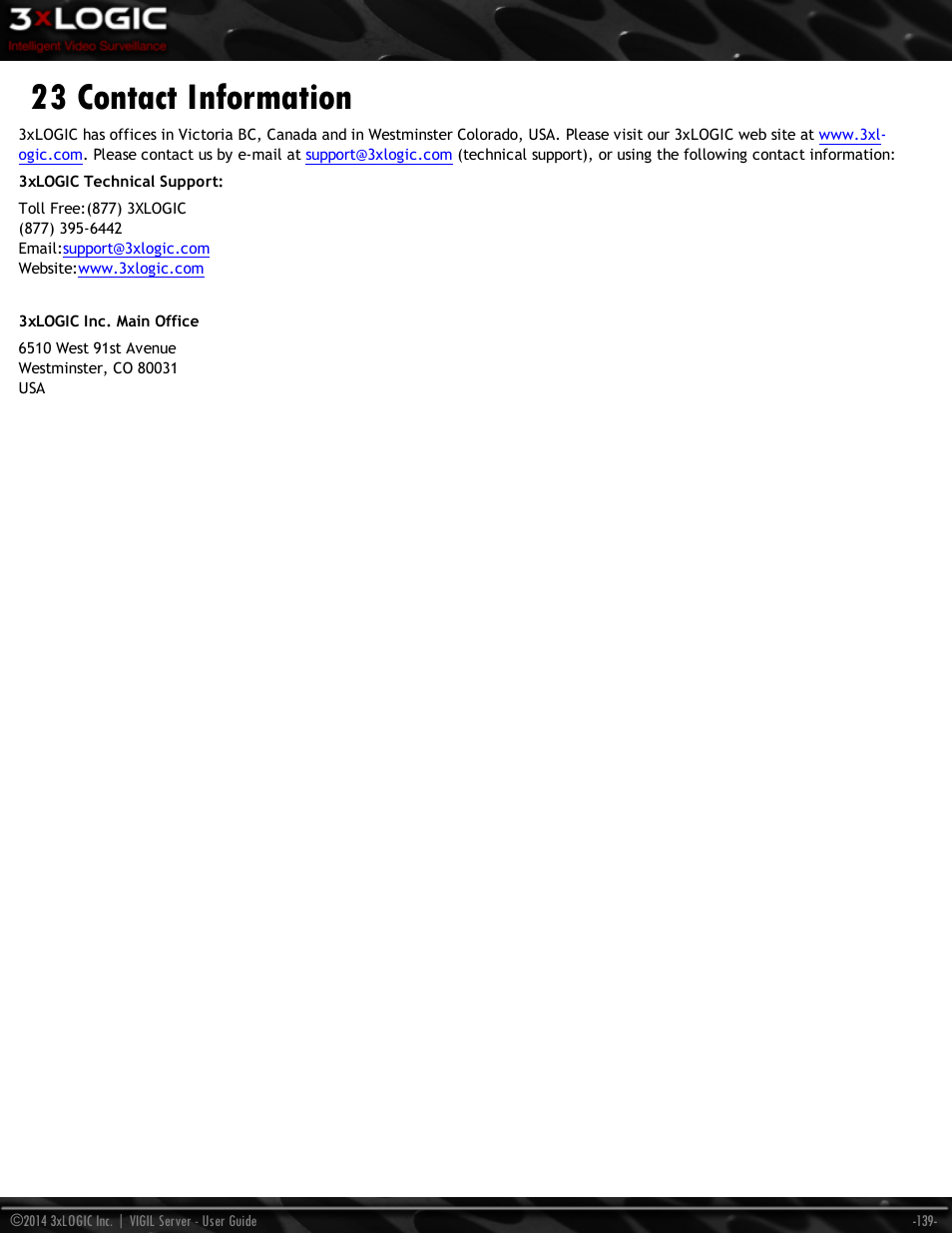 23 contact information | 3xLOGIC VIGIL Server User Manual | Page 148 / 148