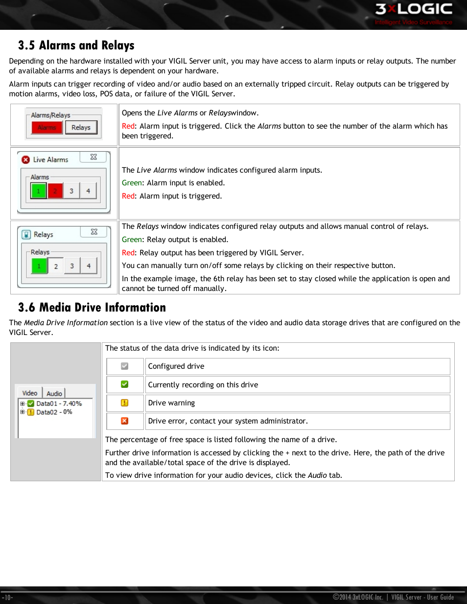 5 alarms and relays, 6 media drive information | 3xLOGIC VIGIL Server User Manual | Page 19 / 148