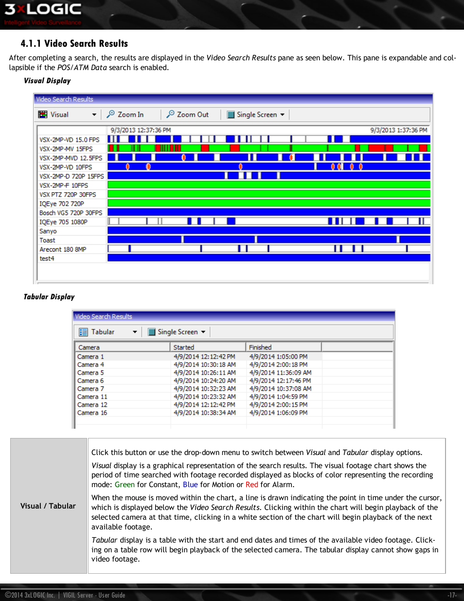 1 video search results, Visual display, Tabular display | 3xLOGIC VIGIL Server User Manual | Page 26 / 148