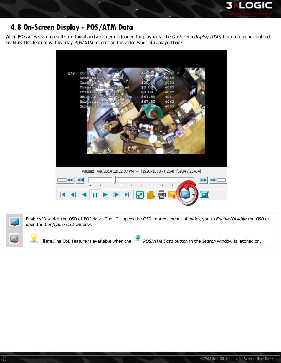 8 on-screen display - pos/atm data | 3xLOGIC VIGIL Server User Manual | Page 37 / 148