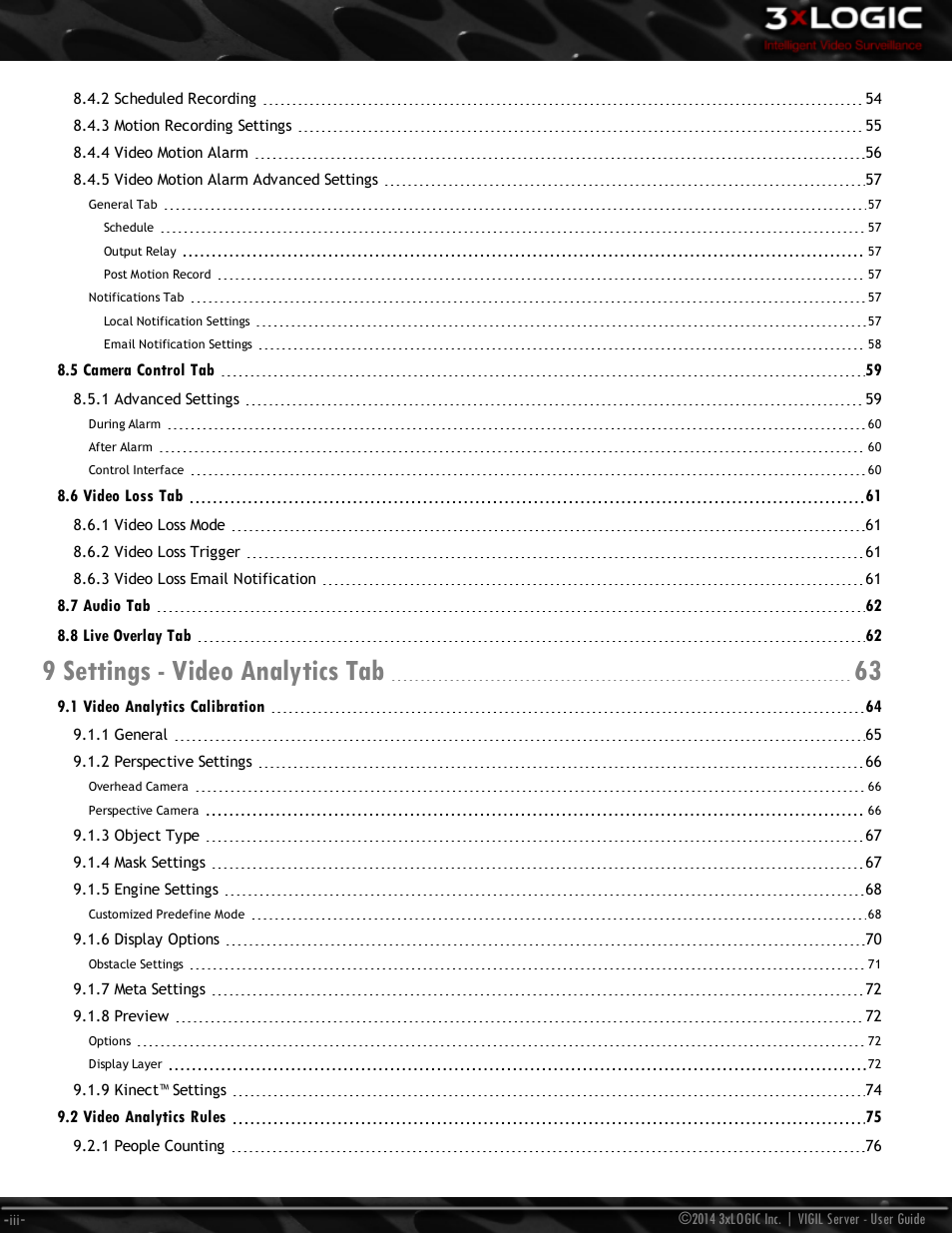9 settings - video analytics tab 63 | 3xLOGIC VIGIL Server User Manual | Page 5 / 148