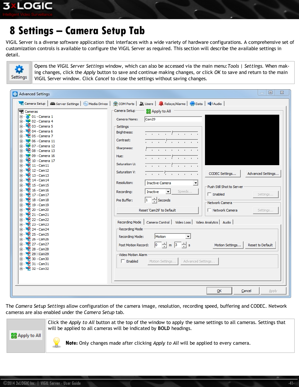 8 settings – camera setup tab | 3xLOGIC VIGIL Server User Manual | Page 50 / 148