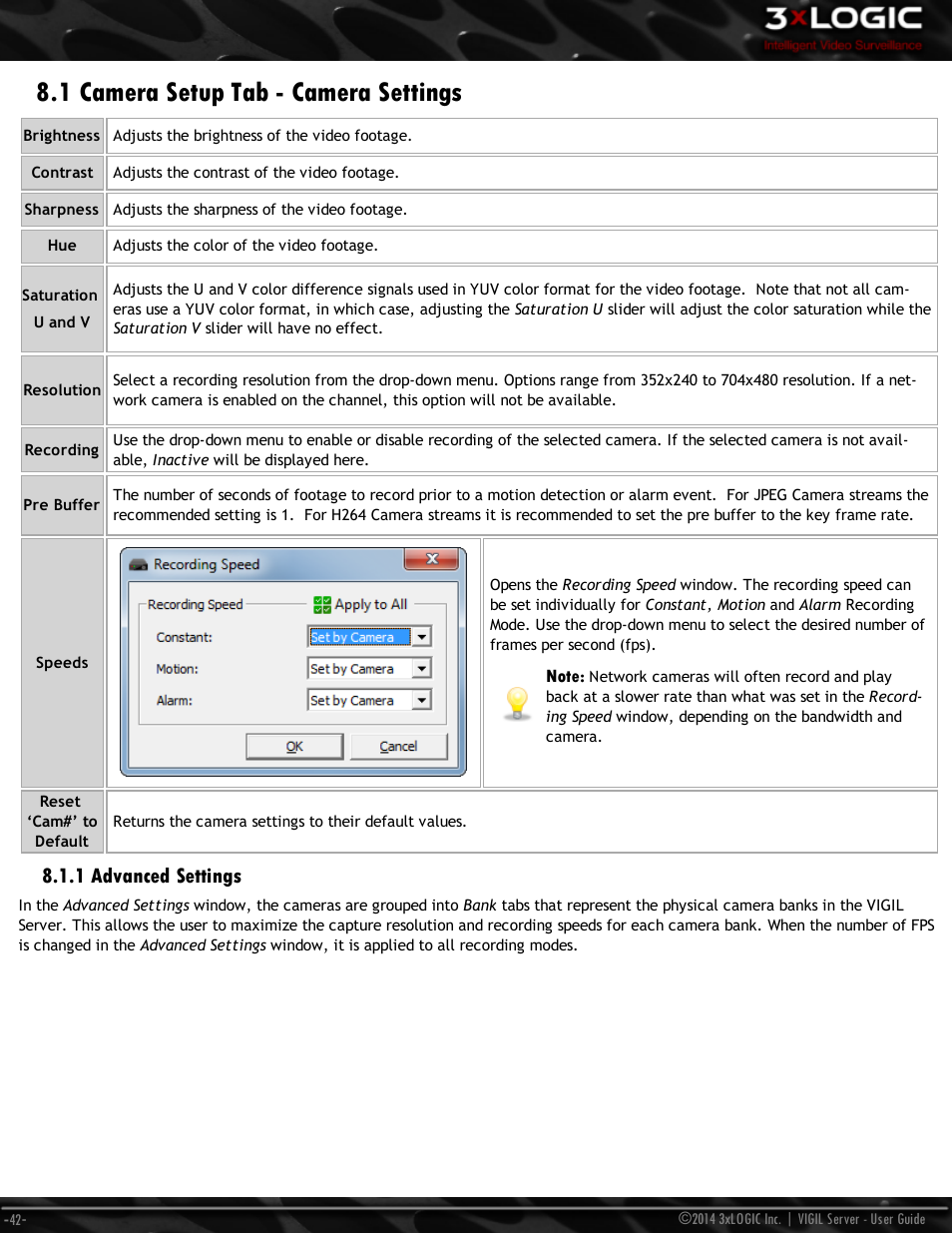 1 camera setup tab - camera settings, 1 advanced settings | 3xLOGIC VIGIL Server User Manual | Page 51 / 148