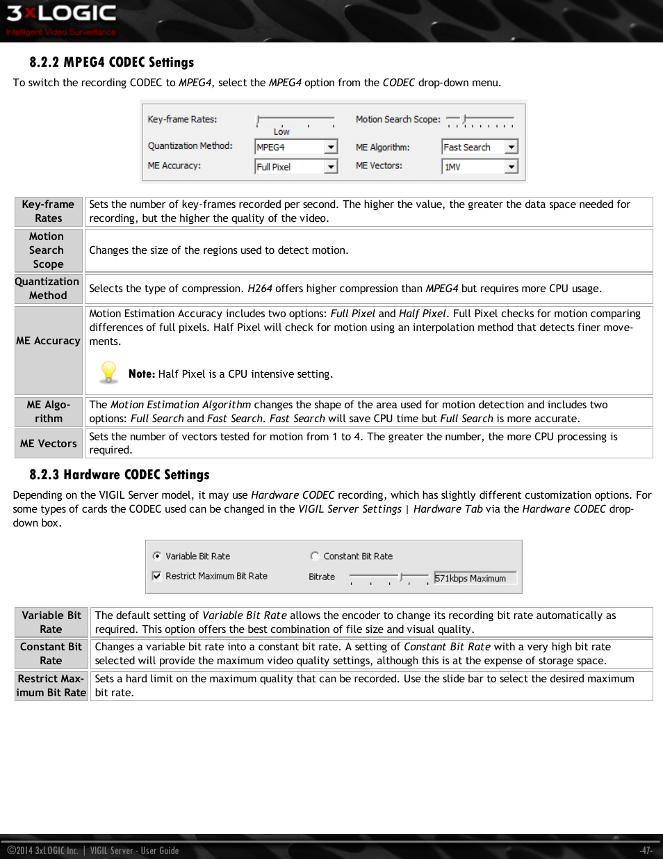 2 mpeg4 codec settings, 3 hardware codec settings | 3xLOGIC VIGIL Server User Manual | Page 56 / 148