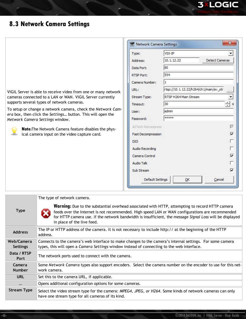 3 network camera settings, Warning | 3xLOGIC VIGIL Server User Manual | Page 57 / 148