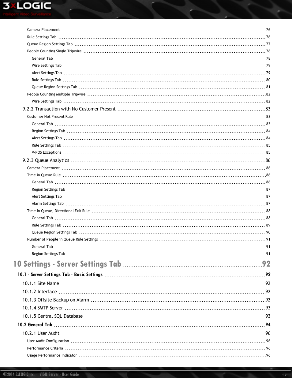 10 settings - server settings tab 92, 1 - server settings tab - basic settings 92, 2 general tab 94 | 3xLOGIC VIGIL Server User Manual | Page 6 / 148